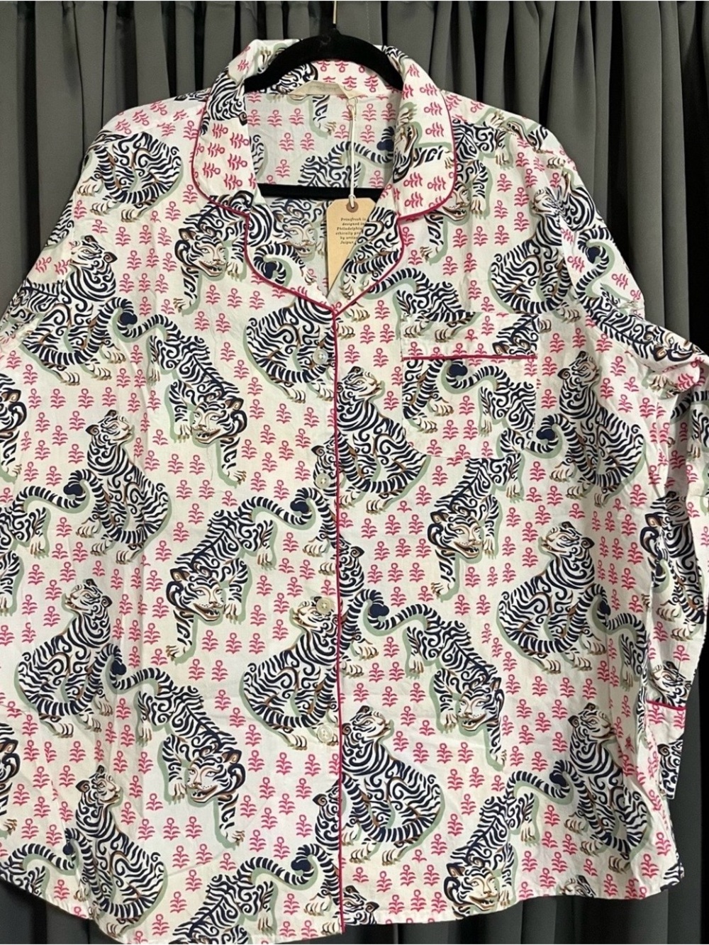 Anthropology Tiger Queen Printfresh cotton Pajama Top loungewear pink and navy